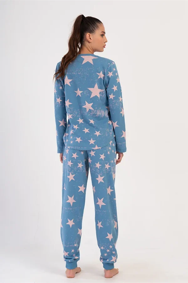 Pijama dama, Vienetta, model Puffy Pink, bumbac, usor vatuita, buzunare, mansete, albastru - imagine 2