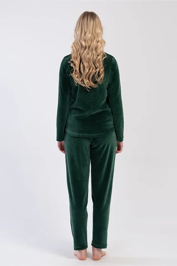 Pijamale dama, Vienetta, model Abstract green, velur/catifea, buzunare, mansete, verde inchis - imagine 2