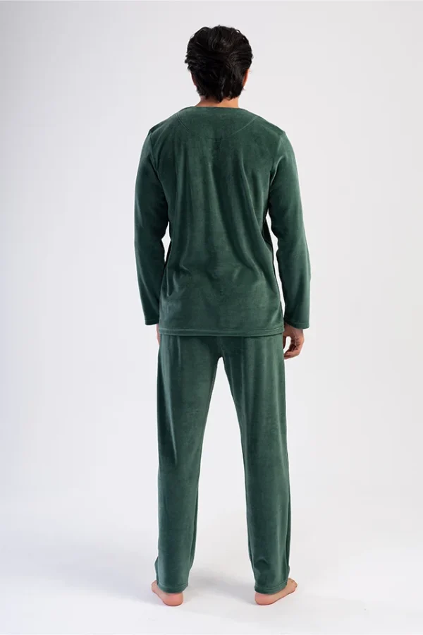 Pijamale barbati, Vienetta Man, model Cube Green, catifea/velur, buzunare, verde inchis - imagine 2