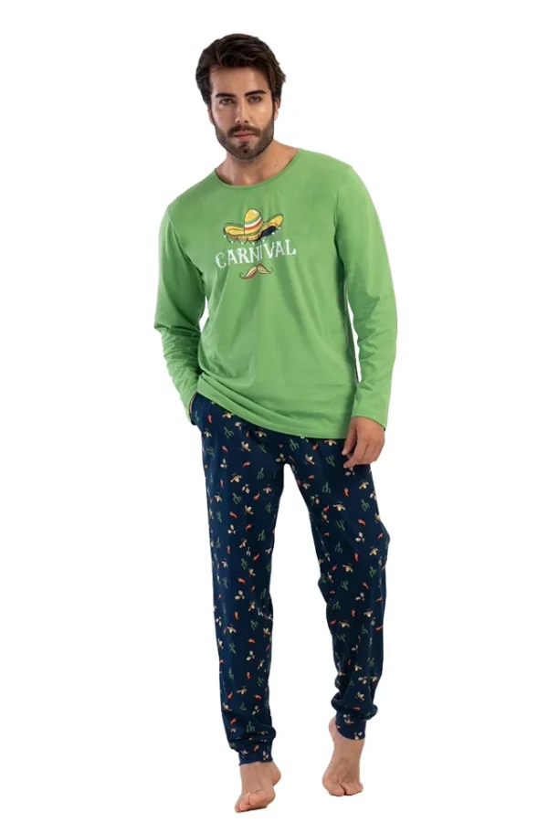 Pijamale barbati, Vienetta Man, model D ale Carnival, bumbac, buzunare, mansete, verde/bleumarin