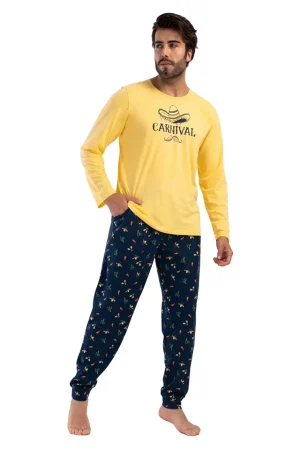 Pijamale barbati, Vienetta Man, model D ale Carnival, bumbac, buzunare, mansete, galben/bleumarin