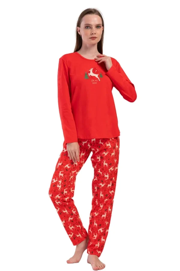 Pijamale dama, Vienetta, model de Craciun Oh My Deer, bumbac, rosu