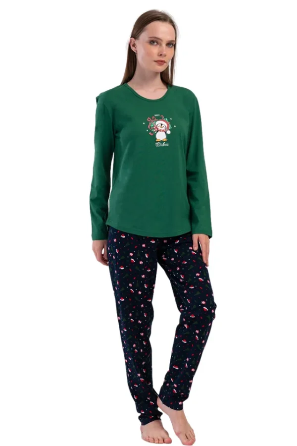 Pijamale dama, Vienetta, model de Craciun Wishes, bumbac, verde/bleumarin