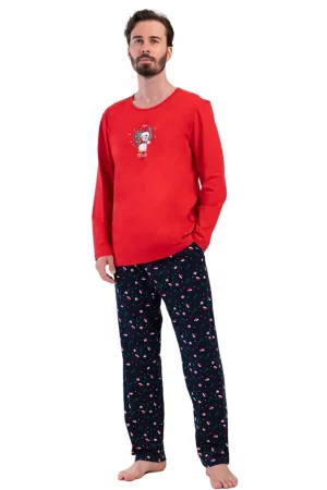 Pijamale barbati, Vienetta Man, model de Craciun Wishes, bumbac, buzunare, rosu/bleumarin