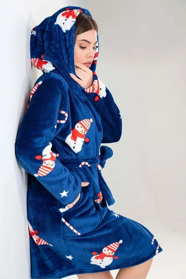 Halat baie, dama, Vienetta, model Snowman Craciun A, cocolino, buzunare, gluga, bleumarin - imagine 5