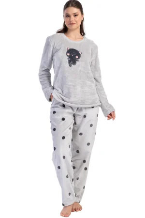 Pijamale dama Soft & Pure, Vienetta, model Black Cat, cocolino, buzunare, gri