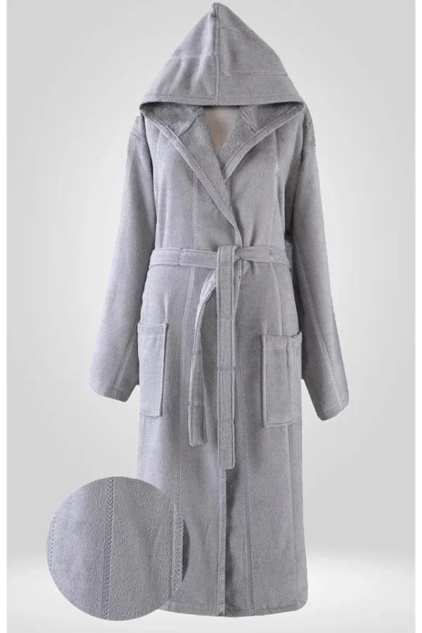 Halat baie, MENZ®, unisex, model Vivani, bumbac, gluga, cordon, buzunare, gri