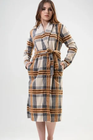 Halat baie, dama, Vienetta, fleece, model Vici B, buzunare, gluga, bej/maro