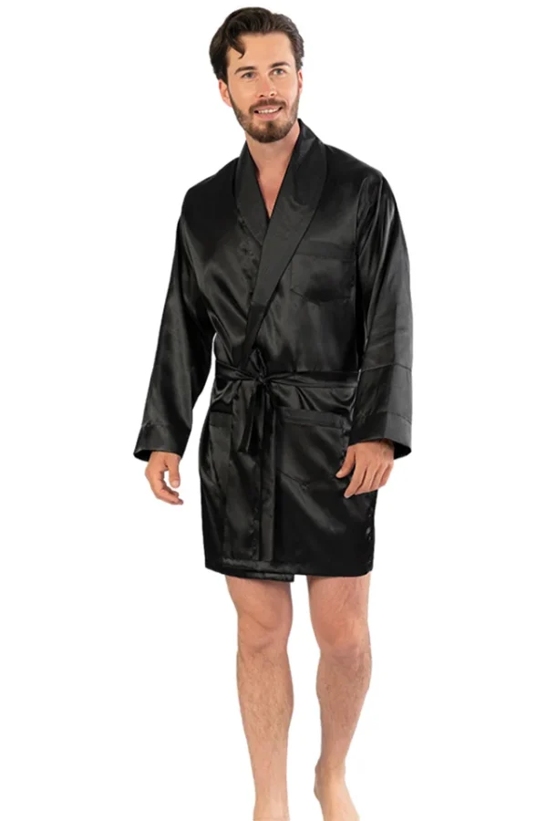 Halat barbati, Gazzaz by Vienetta, model Navy Black, satin, cordon, buzunare, negru