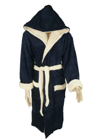 Halat baie dama, Gold, model STM, bumbac, buzunare, gluga, lung, bleumarin/crem, XL