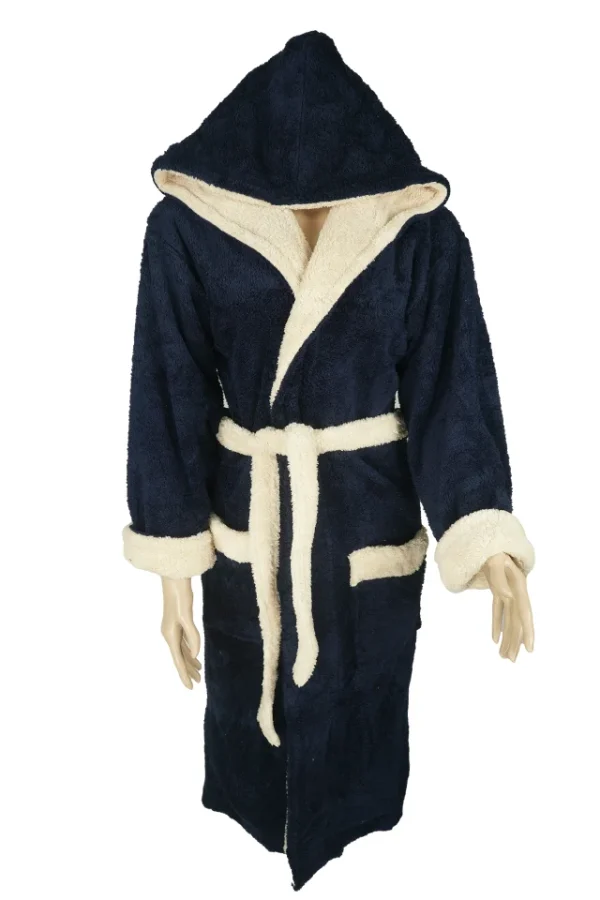 Halat baie dama, Gold, model STM, bumbac, buzunare, gluga, lung, bleumarin/crem, XL