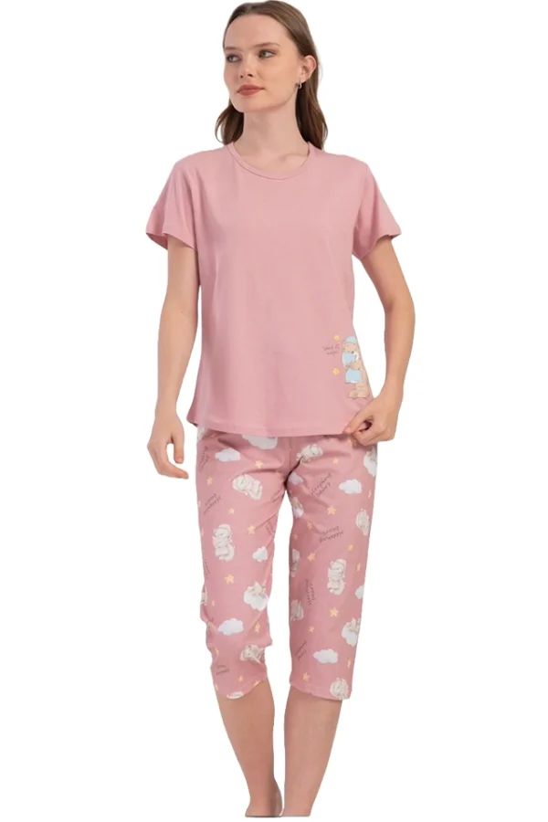 Pijamale dama, Vienetta, model Sleeping bear, bumbac, roz plamaniu