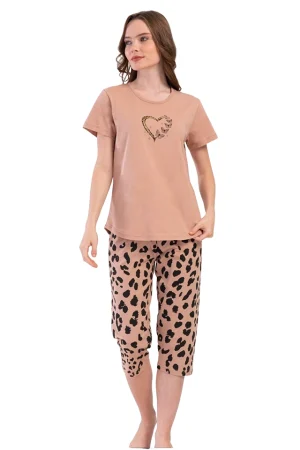Pijamale dama Vienetta, model Butterfly Heart, bumbac, maro cafeniu