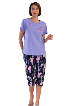 Pijamale dama Vienetta, model Livia flowers, bumbac, lila
