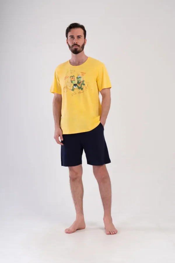 Pijamale barbati, Vienetta Man, model Match Day, bumbac, buzunare, galben/bleumari - imagine 3