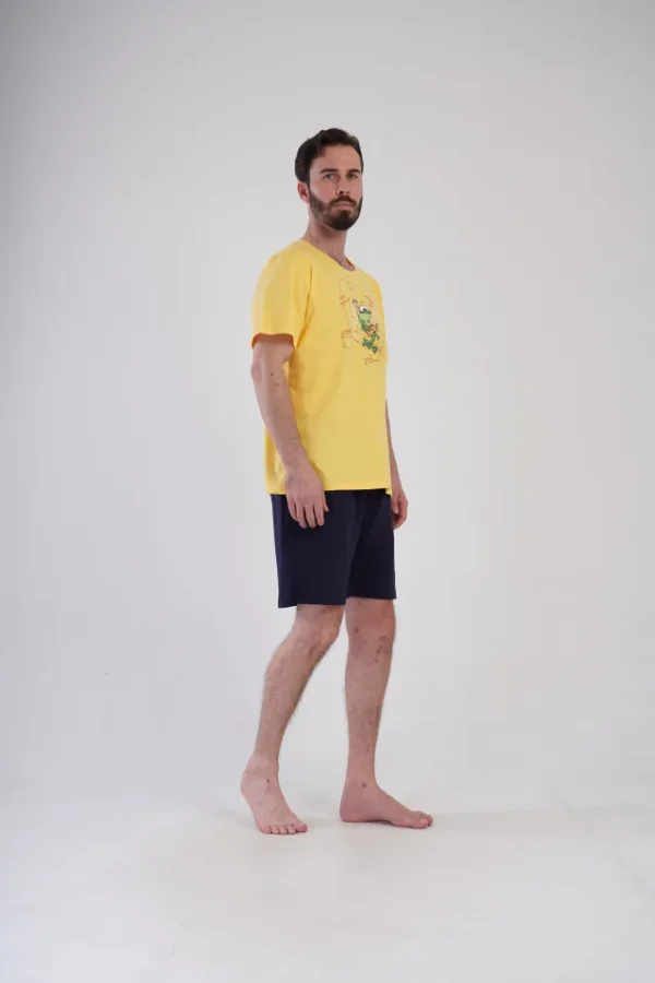 Pijamale barbati, Vienetta Man, model Match Day, bumbac, buzunare, galben/bleumari - imagine 4