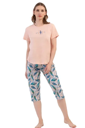 Pijamale dama, Vienetta, model Boho Chic, bumbac, piersica/turcoaz