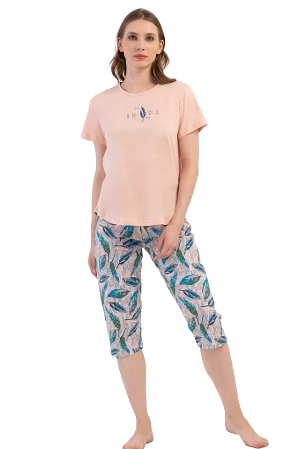 Pijamale dama, Vienetta, model Boho Chic, bumbac, piersica/turcoaz
