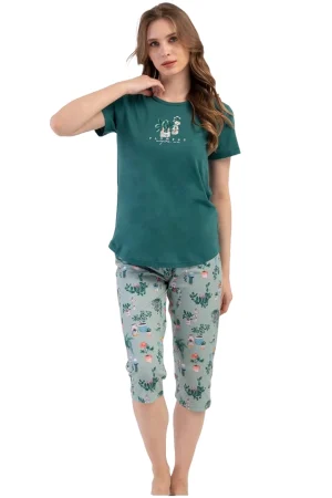 Pijamale dama, Vienetta, model Spring Flowerpot, bumbac, verde