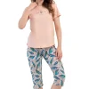 Pijamale dama, Vienetta, model Boho, bumbac, piersica/turcoaz