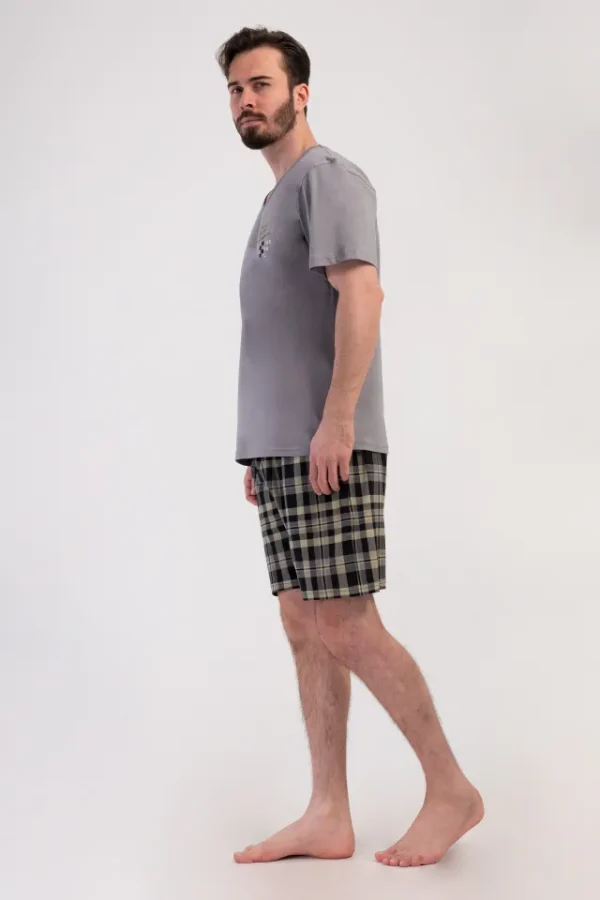 Pijamale barbati, Vienetta Man, model Chess Play bumbac, buzunare, gri - imagine 3
