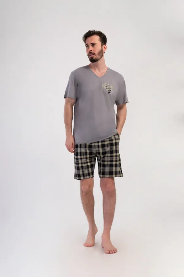 Pijamale barbati, Vienetta Man, model Chess Play bumbac, buzunare, gri - imagine 5
