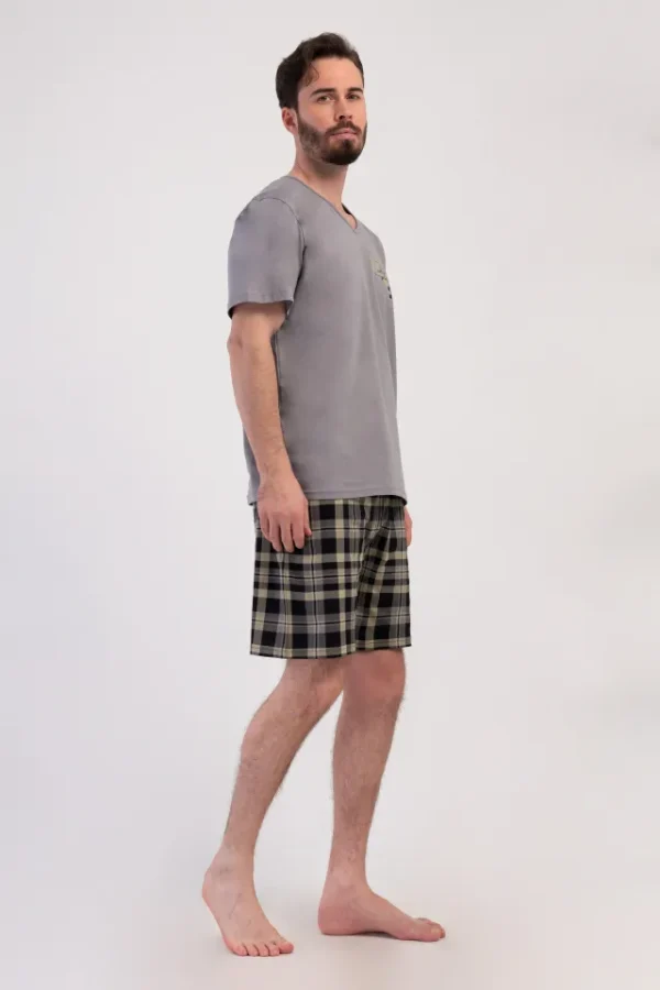 Pijamale barbati, Vienetta Man, model Chess Play bumbac, buzunare, gri - imagine 4