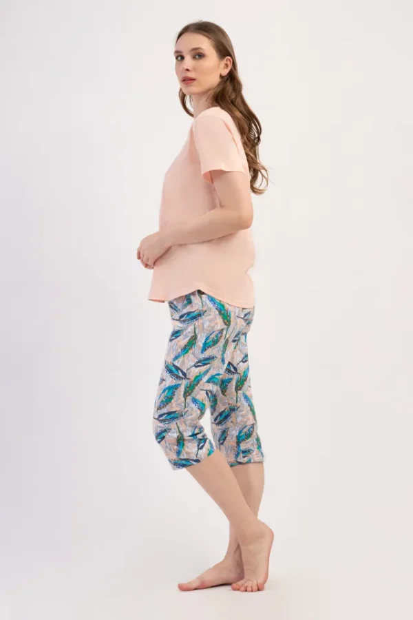 Pijamale dama, Vienetta, model Boho Chic, bumbac, piersica/turcoaz - imagine 3