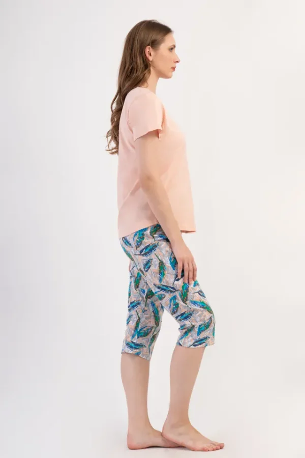 Pijamale dama, Vienetta, model Boho Chic, bumbac, piersica/turcoaz - imagine 5