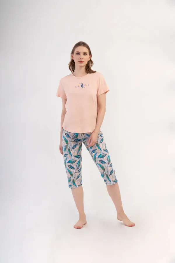 Pijamale dama, Vienetta, model Boho Chic, bumbac, piersica/turcoaz - imagine 4