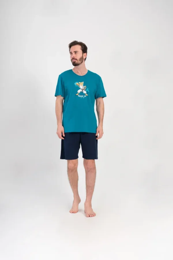 Pijamale barbati, Vienetta Man, model Kong Fu, bumbac, buzunare, vernil/bleumarin - imagine 5