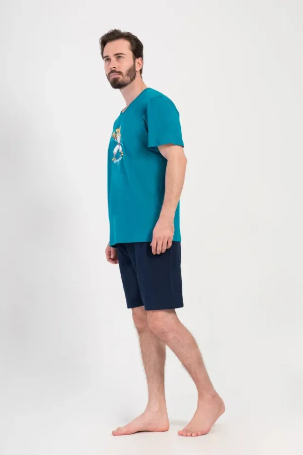 Pijamale barbati, Vienetta Man, model Kong Fu, bumbac, buzunare, vernil/bleumarin - imagine 3
