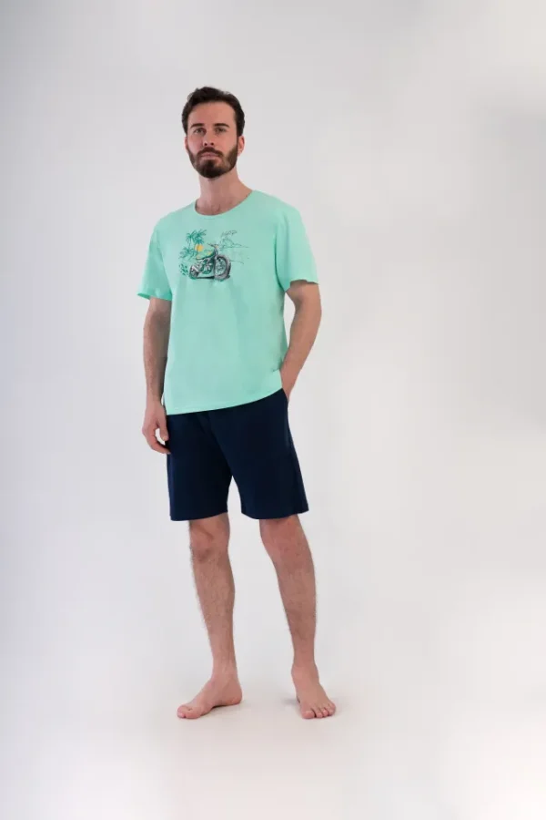 Pijamale barbati, Vienetta Man, model Moto Rider, bumbac, buzunare, bleumarin/albastru aquamarin - imagine 5