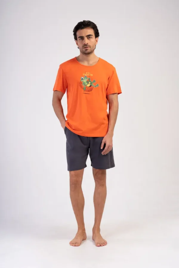 Pijamale barbati, Vienetta Man, model The Best Generation, bumbac, buzunare, gri/portocaliu - imagine 3
