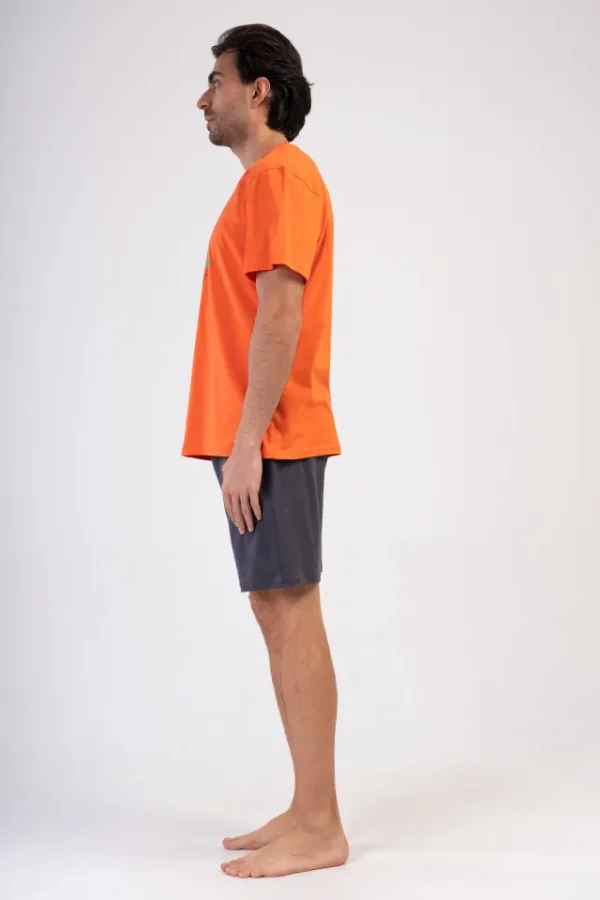 Pijamale barbati, Vienetta Man, model The Best Generation, bumbac, buzunare, gri/portocaliu - imagine 4