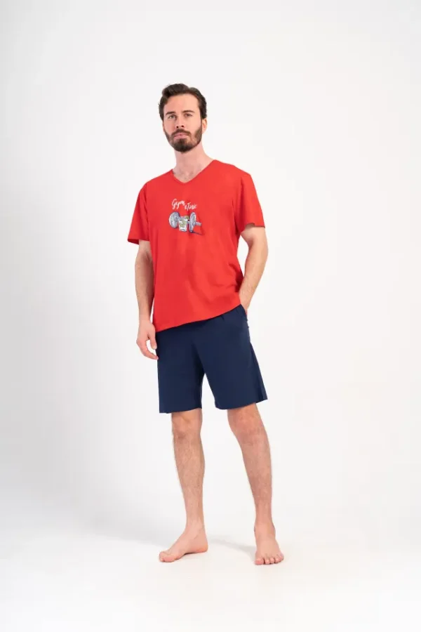 Pijamale barbati, Vienetta Man, model Sport Lounge, bumbac, buzunare, rosu/bleumarin - imagine 5