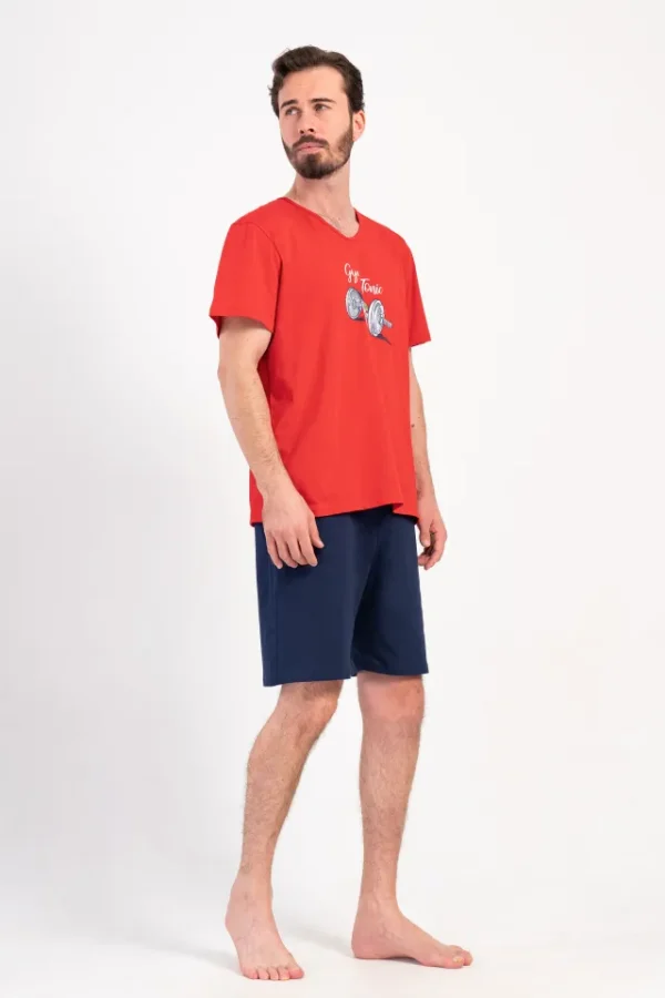 Pijamale barbati, Vienetta Man, model Sport Lounge, bumbac, buzunare, rosu/bleumarin - imagine 4
