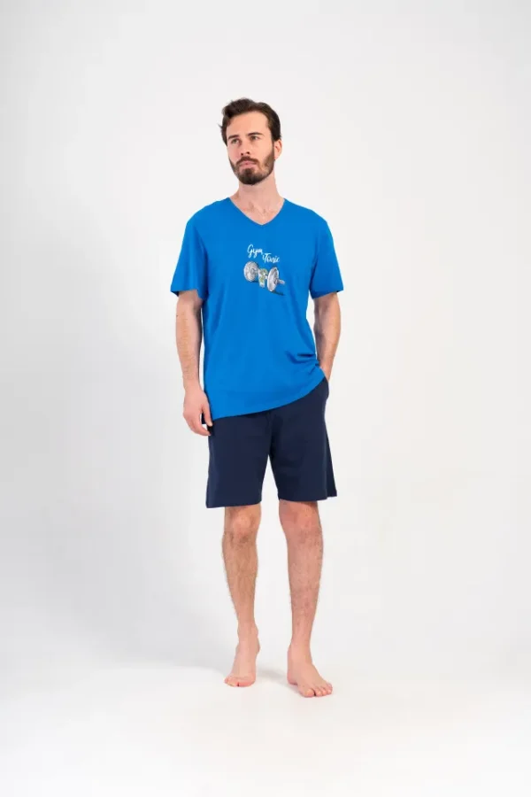 Pijamale barbati, Vienetta Man, model Sport Lounge, bumbac, buzunare, albastru/bleumarin, - imagine 5