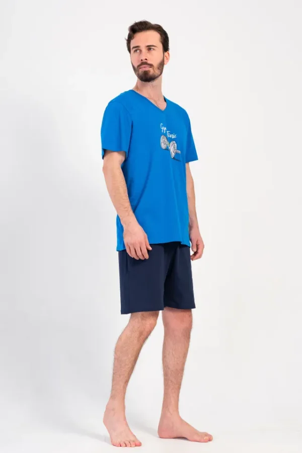 Pijamale barbati, Vienetta Man, model Sport Lounge, bumbac, buzunare, albastru/bleumarin, - imagine 4