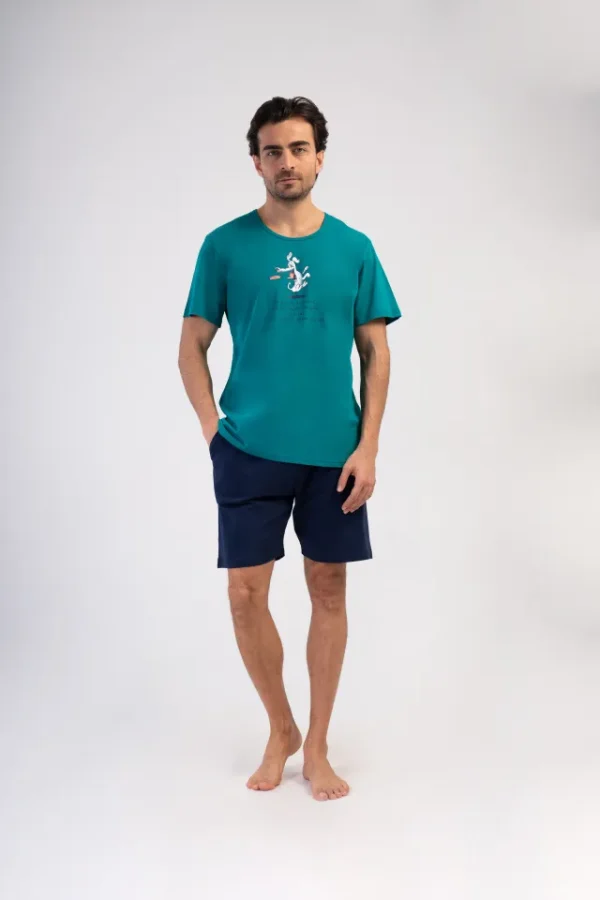 Pijamale barbati, Vienetta Man, model Playing Ultimate, bumbac, buzunare, verde/bleumarin - imagine 4