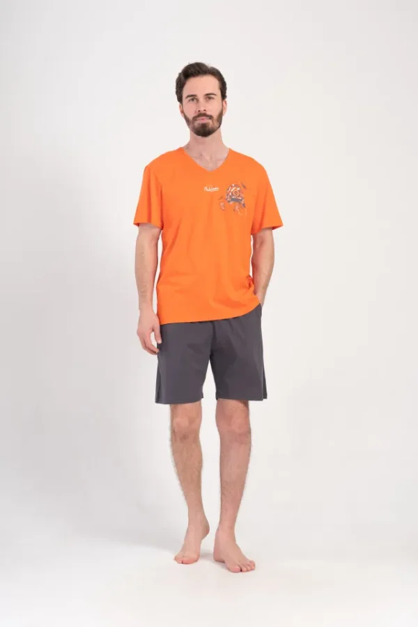 Pijamale barbati, Vienetta Man, model Outdoor Adventure, bumbac, buzunare, gri/portocaliu - imagine 5