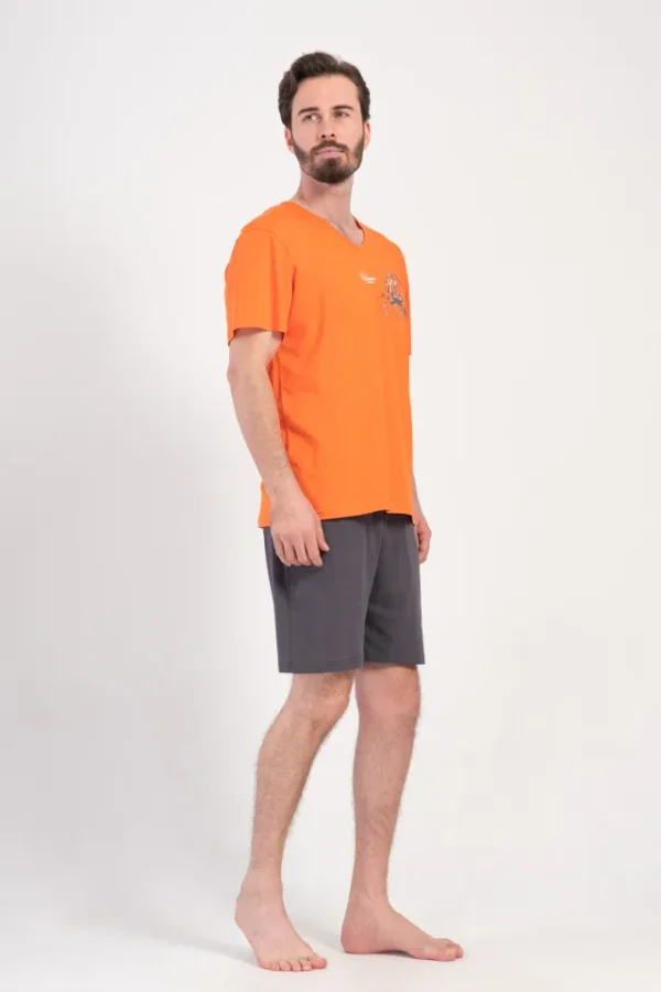 Pijamale barbati, Vienetta Man, model Outdoor Adventure, bumbac, buzunare, gri/portocaliu - imagine 4