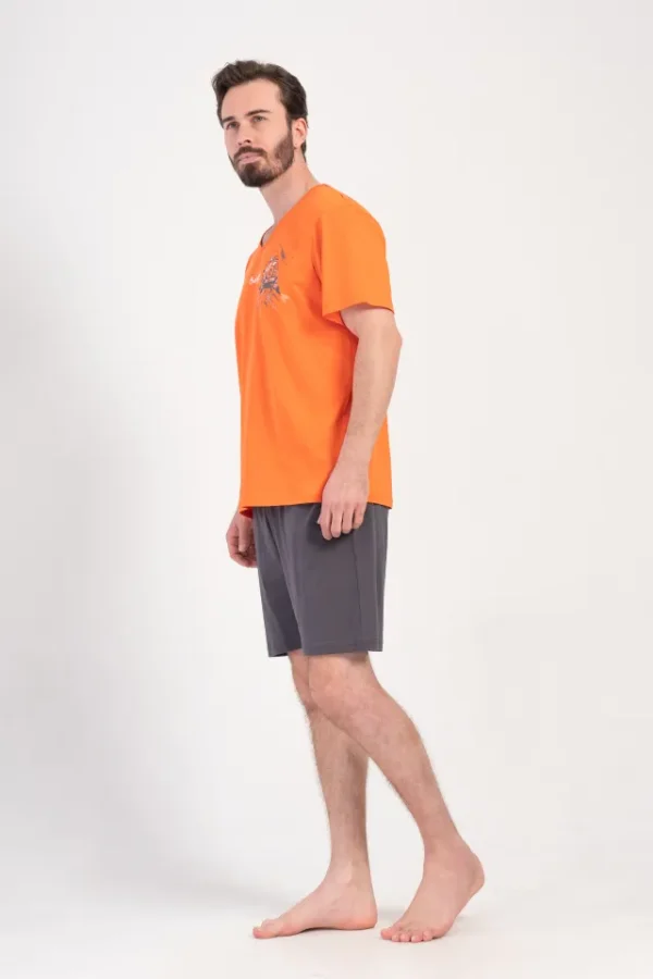 Pijamale barbati, Vienetta Man, model Outdoor Adventure, bumbac, buzunare, gri/portocaliu - imagine 3