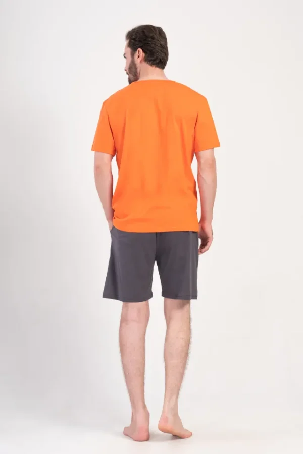 Pijamale barbati, Vienetta Man, model Outdoor Adventure, bumbac, buzunare, gri/portocaliu - imagine 2