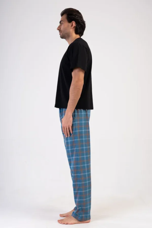 Pantaloni de pijama barbati, Vienetta Man, model Starlight Nest, bumbac, carouri, buzunare, albastru - imagine 4