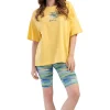 Pijamale dama, Vienetta, model Hapines Fitness, bluza cu maneci scurte si colanti, galben/turcoaz