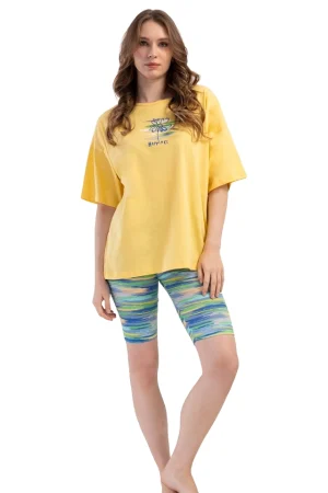 Pijamale dama, Vienetta, model Hapines Fitness, bluza cu maneci scurte si colanti, galben/turcoaz