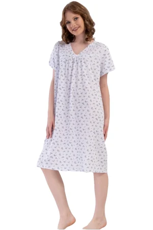 Camasa de noapte, Vienetta, model Floral Serenity, bumbac, alb/albastru