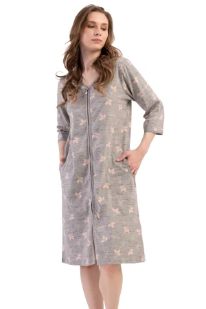 Halat dama, Vienetta, model Blossom Wrap, bumbac, fermoar, buzunare, gri/bej