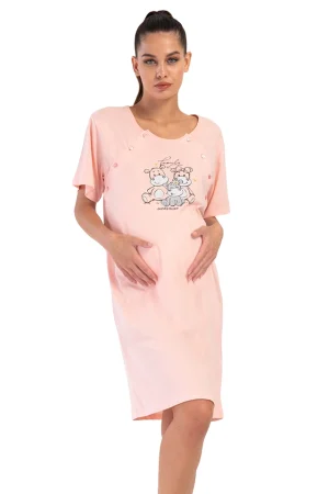 Camasa pentru alaptat, Vienetta, model Maternity Glow, pentru mamici, bumbac, orificii laterale pentru alaptat incheiate cu nasturi, corai